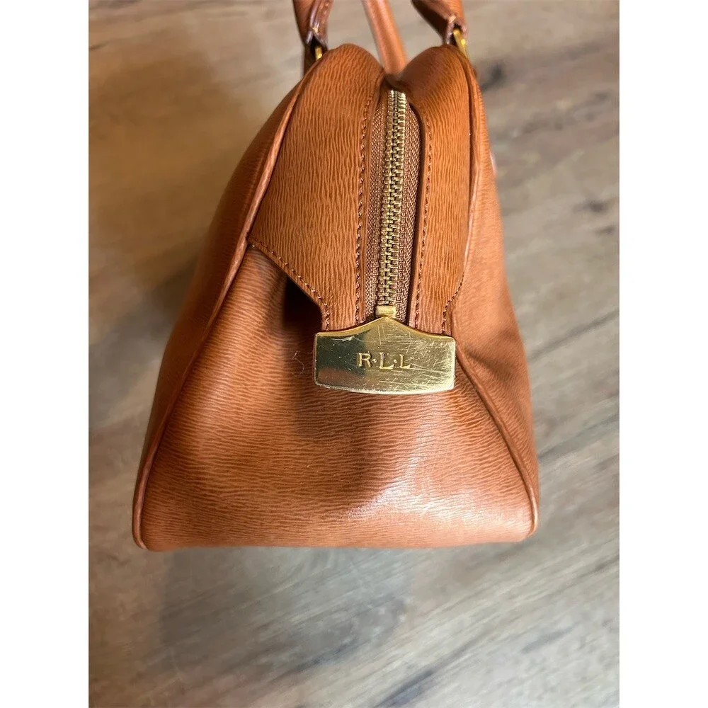 Lauren Ralph Lauren Dome Satchel Top Handle Bag Brown Cognac Gold Crest